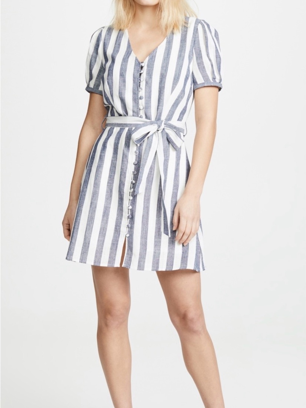 J.O.A Striped V-Neck Tie-Waist Dress in Blue and White Sz Sm